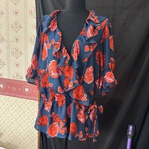 Chic Ruffled Floral Blouse - Navy and Scarlet